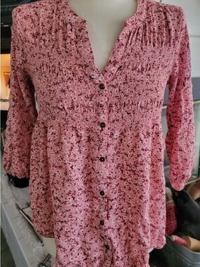 Pink Floral Smocked Button-Front Women's Top